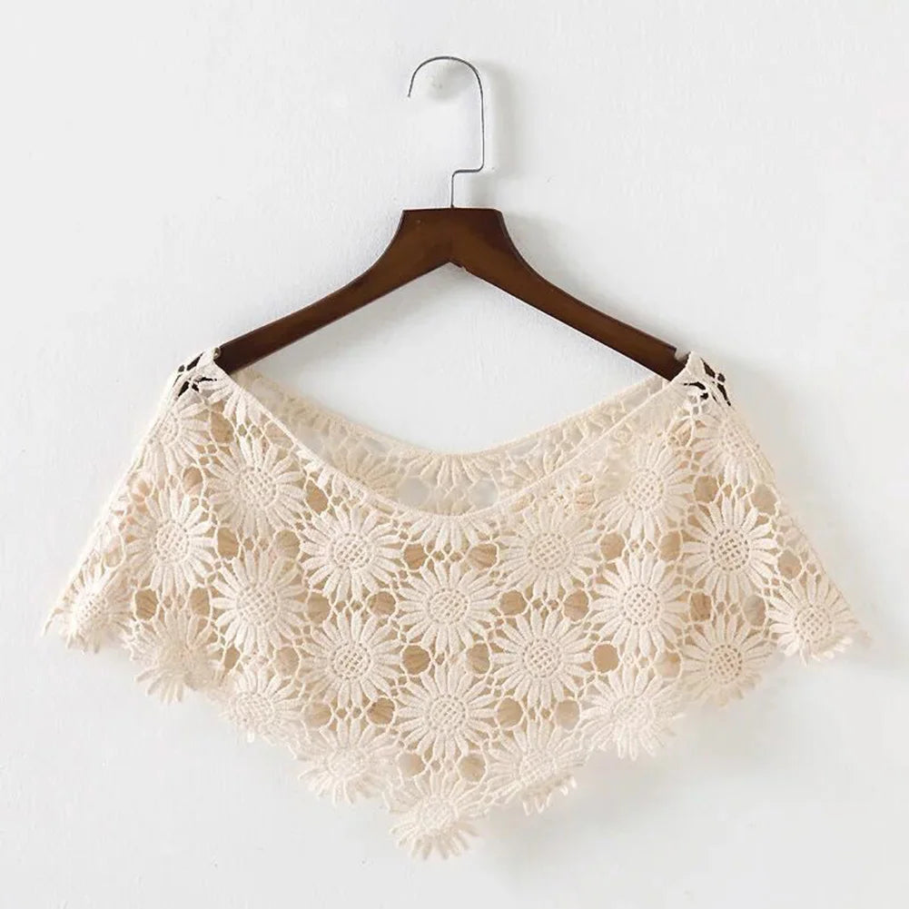Women Vintage Crochet Knit Cape Elegant Cute Lace Short Hollow Out Shawls Shrug Poncho Wedding Bridal Evening Dress Lace Scarf