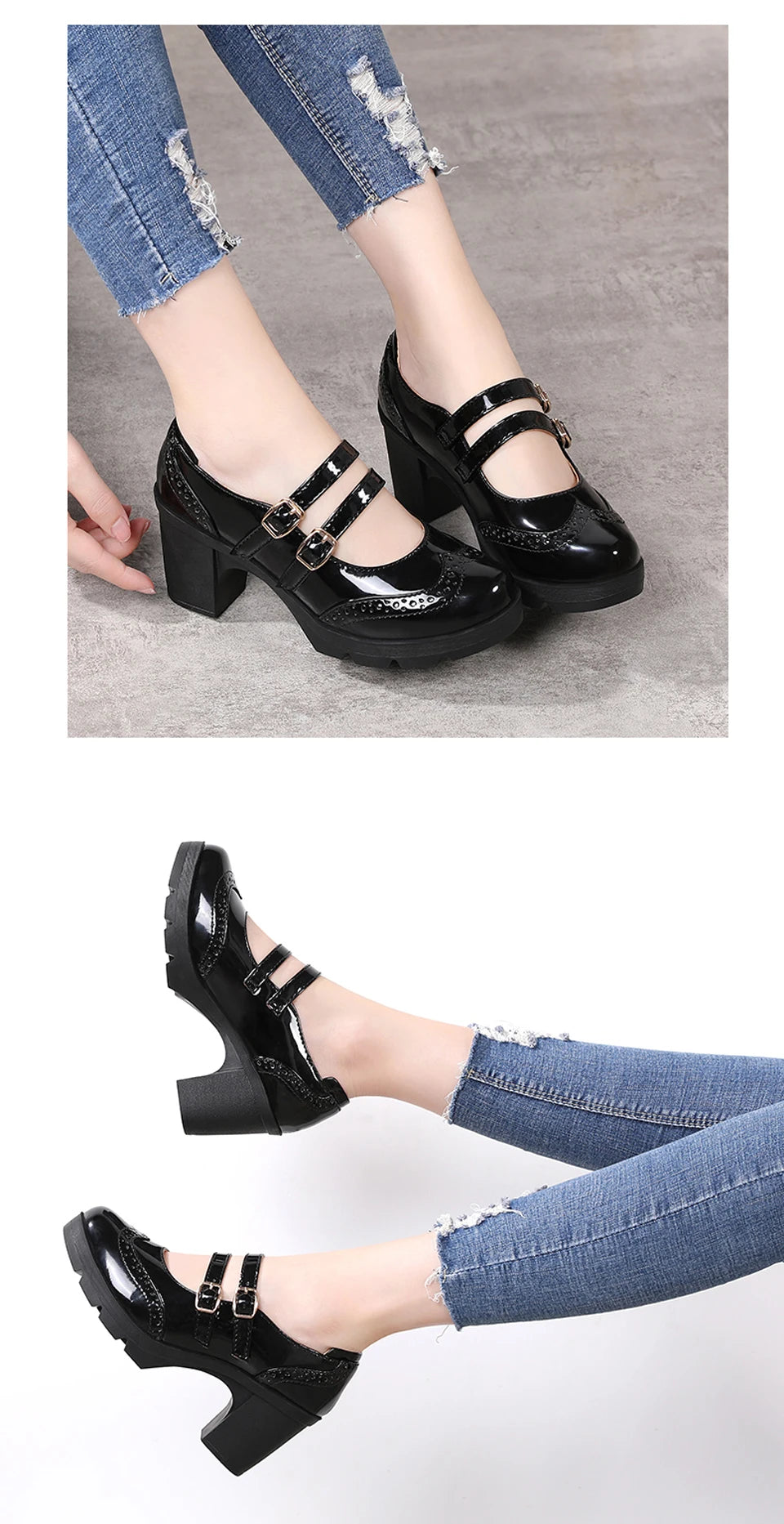 EOFK Women Pumps Shoes Genuine Leather New Mary Jane High Heels Shinny Patent Woman Ladies Shoes Pumps Brogue High Square Heel
