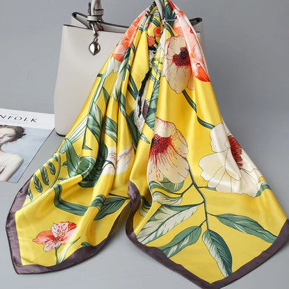 Wholesale Fashion Floral Print Kerchief Silk Satin Shawls and Wraps Hijab Scarfs Female 90cm*90cm Square Bag Scarves For Ladies