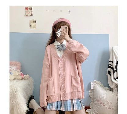 Japan School Sweater Spring Autumn V-neck Cotton Knitted Sweater College Style JK Uniform Cardigan 4 Color Student Girls Cosplay