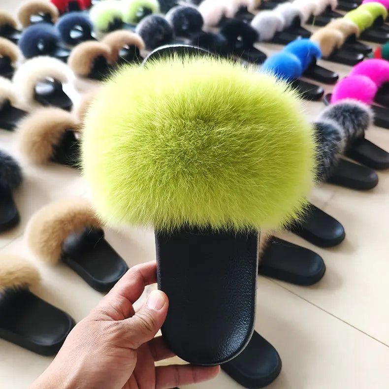 Women Summer Casual Fluffy Slippers With Fur Flat Non-Slip Real Fox Fur Furry Slides Large Size Shoes Fur Sandals