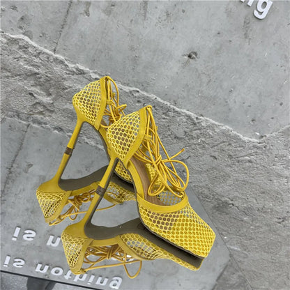 Eilyken Sexy Mesh Pumps Sandals Female Square Toe High Heel Lace Up Cross-Tied Stiletto Hollow Dress Shoes Zapatos Mujer