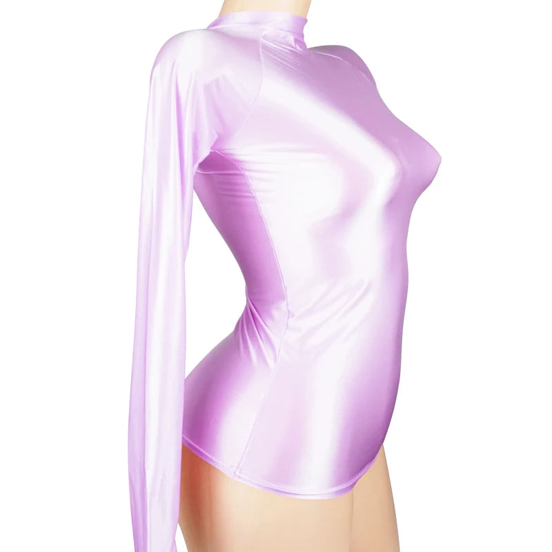 Shiny Long Sleeves Bodysuit Women Glossy Sportswear High Neck Gym Suit Sexy Transparent Leotards Compression Shirt Bathing Top