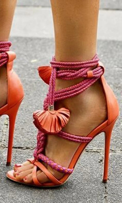 Sexy Rope Knot High Heel Sandals Braided Straps Cut Outs Summer Shoes Lace-up Stiletto Heels Gladiator Sandals Pink Brown Green