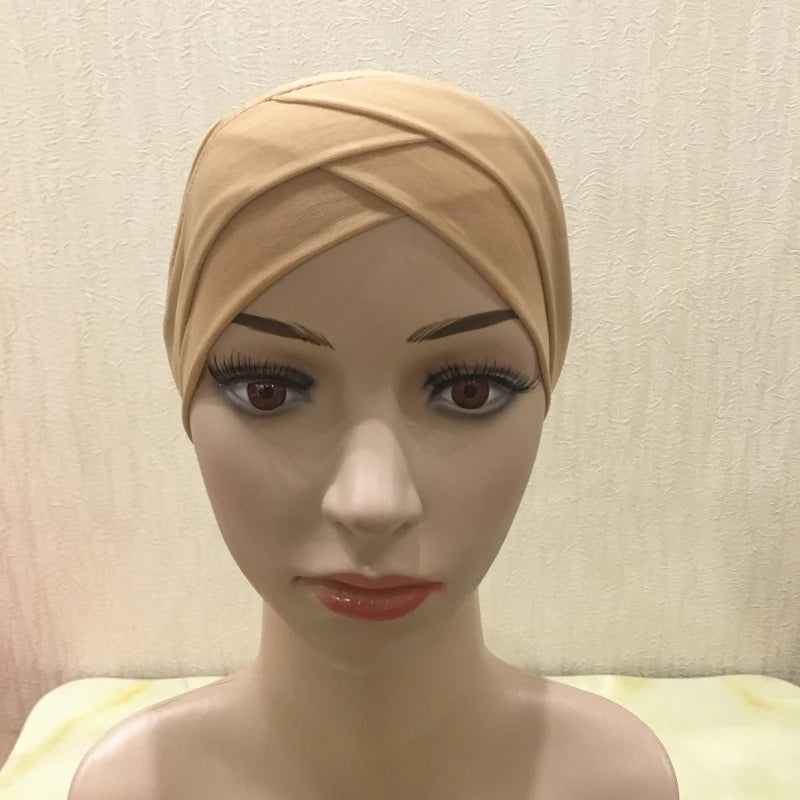 H117 Forehead criss Cross Muslim Turban Pure Color Stretch Inner Hijabs For Caps Ready To Wear Women Head Scarf Under Bonnet