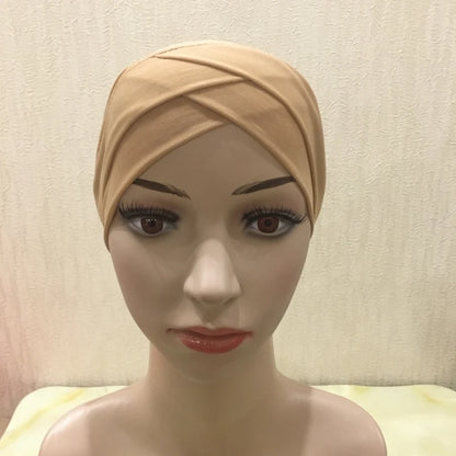 H117 Forehead criss Cross Muslim Turban Pure Color Stretch Inner Hijabs For Caps Ready To Wear Women Head Scarf Under Bonnet