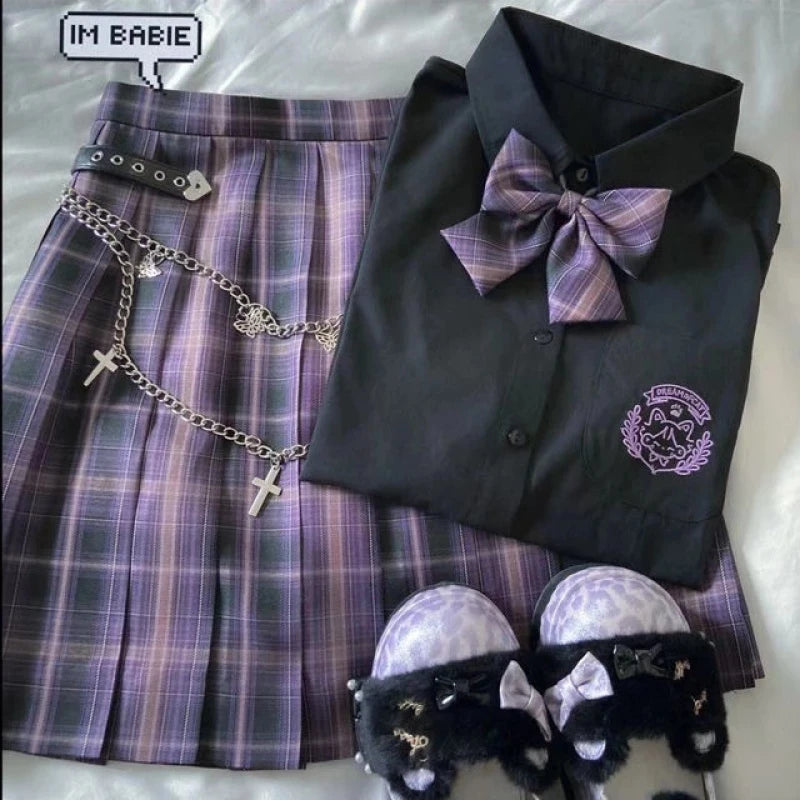 Japanese Harajuku Three piece set Plaid Mini Women Skirt School Uniforms Skirt A-line Sweet High Waist Women kawaii Suits & Sets