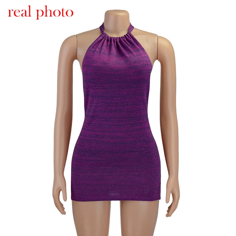 Cryptographic Halter Sexy Backless Mini Dresses Bodycon Skinny Club Party Sleeveless Knitted Dress Fall Streetwear Beach Holiday