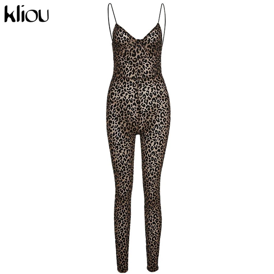 Kliou Flocking Mesh Jumpsuit Women Autumn Sexy Camis Leopard Patchwork Body-Shaping One Piece Clothing Midnight Attire Clubwear