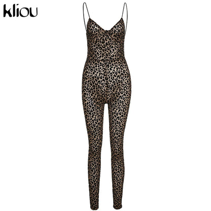 Kliou Flocking Mesh Jumpsuit Women Autumn Sexy Camis Leopard Patchwork Body-Shaping One Piece Clothing Midnight Attire Clubwear