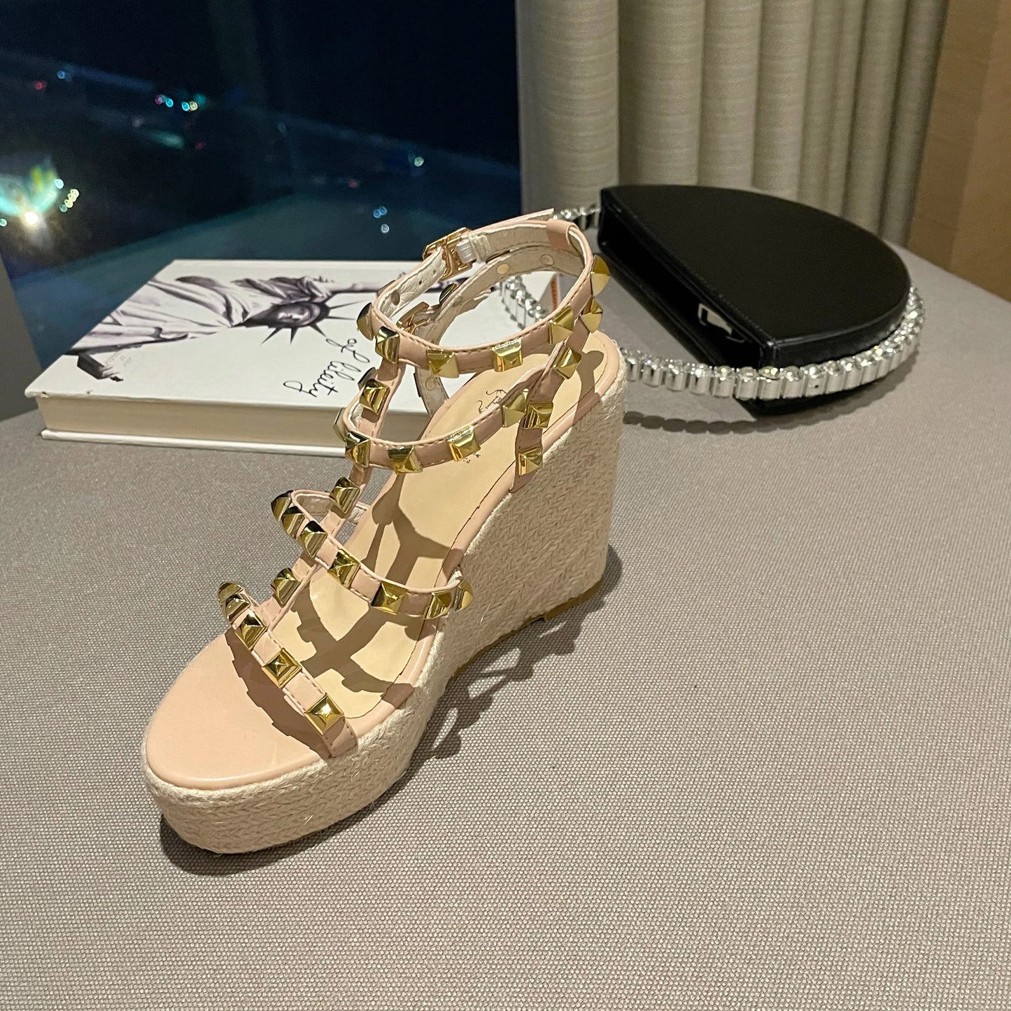 Rivet Wedges Women Sandals Open Toe Ankle Buckle Strap Ladies Platform Wedges Sandals High Heels Roman Rattan Grass Woven Shoes