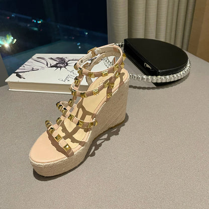Rivet Wedges Women Sandals Open Toe Ankle Buckle Strap Ladies Platform Wedges Sandals High Heels Roman Rattan Grass Woven Shoes