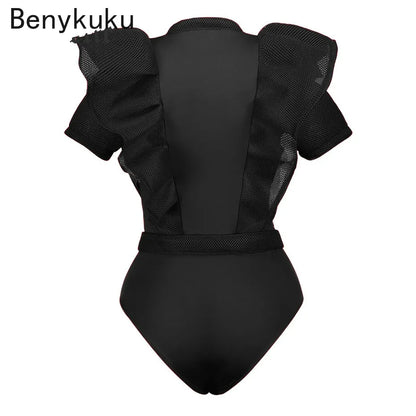 Black Jumpsuits For Women Gothic Combinaison Femme Sexy Party Body Tops Women One Piece Mesh Bodysuit Womens Clothing Romper