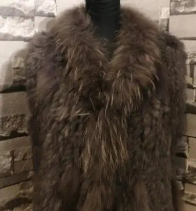 new fashion rabbit fur vest knit rabbit vest 80cm long style for women raccoon fur collar trim fur waistcoat pocket decoration