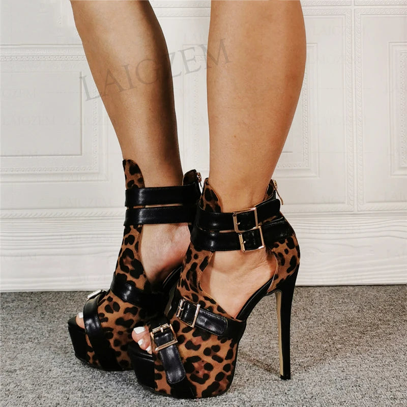 DOBANER Women Platform Pumps Party Prom Peep Toe High Heels Sandals Leopard Shoes Woman Unisex 4 Season Plus Size 43 45 48 50 52