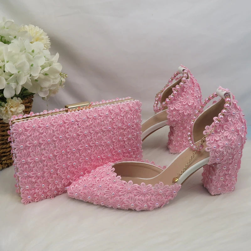 AB Pink Pearl Flower Wedding Shoes With Matching Bags High Heels Pointed Toe Ankle Strap Ladies Party Shoe and Bag Set