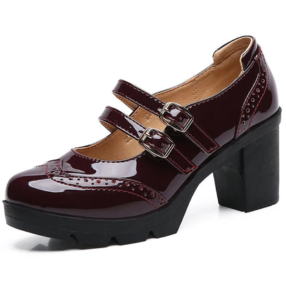 EOFK Women Pumps Shoes Genuine Leather New Mary Jane High Heels Shinny Patent Woman Ladies Shoes Pumps Brogue High Square Heel