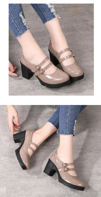 EOFK Women Pumps Shoes Genuine Leather New Mary Jane High Heels Shinny Patent Woman Ladies Shoes Pumps Brogue High Square Heel