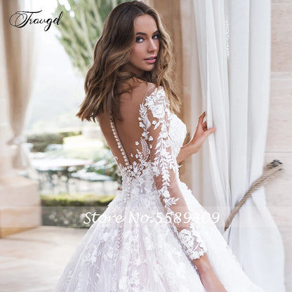 Customized Scoop A Line Lace Wedding Dresses Elegant Applique Long Sleeve Bride Dress Cathedral Train Bridal Gown Plus Size