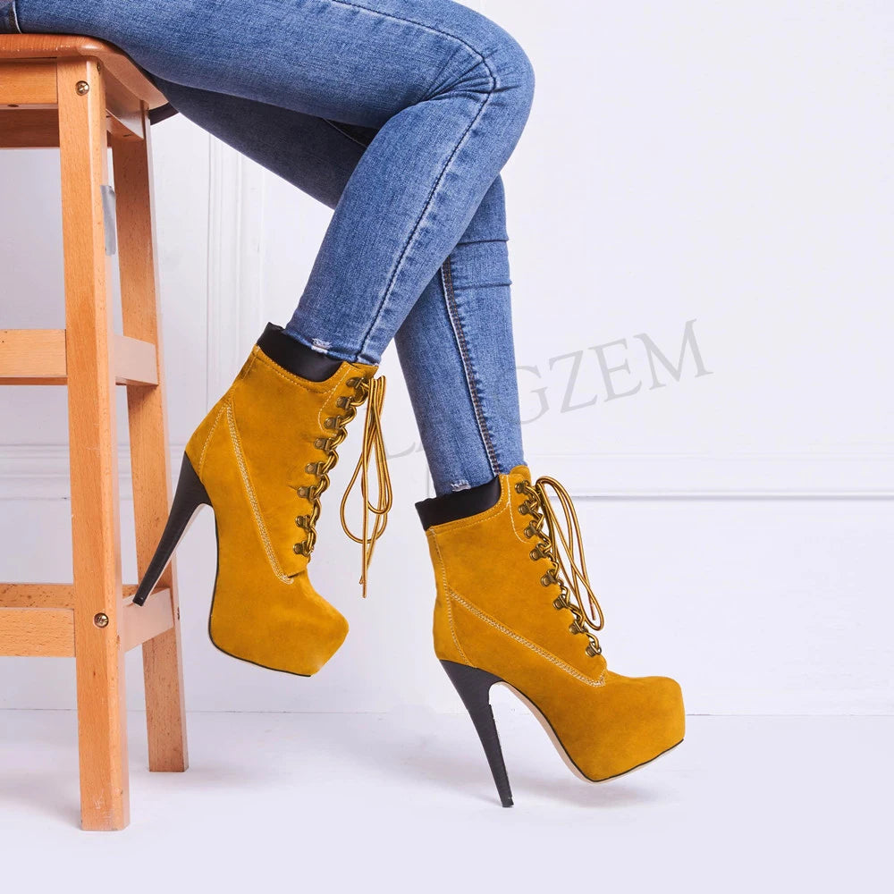 LAIGZEM Women Platform Booties Stiletto Heel Lace Up Ankle Boots Chaussure Shoes Woman Botas Mujer Ladies Large Size 39 46 50 52