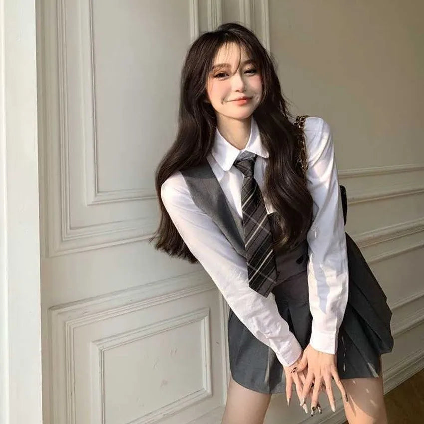 Kawaii Lady School Uniforms Casual Vest Jacket&Shirt&Pleated Skirt&Tie Long Sleeve School Suit Female College Style Sets