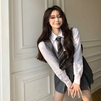 Kawaii Lady School Uniforms Casual Vest Jacket&Shirt&Pleated Skirt&Tie Long Sleeve School Suit Female College Style Sets
