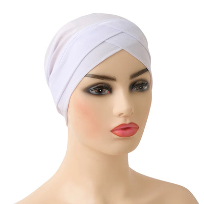 H117 Forehead criss Cross Muslim Turban Pure Color Stretch Inner Hijabs For Caps Ready To Wear Women Head Scarf Under Bonnet