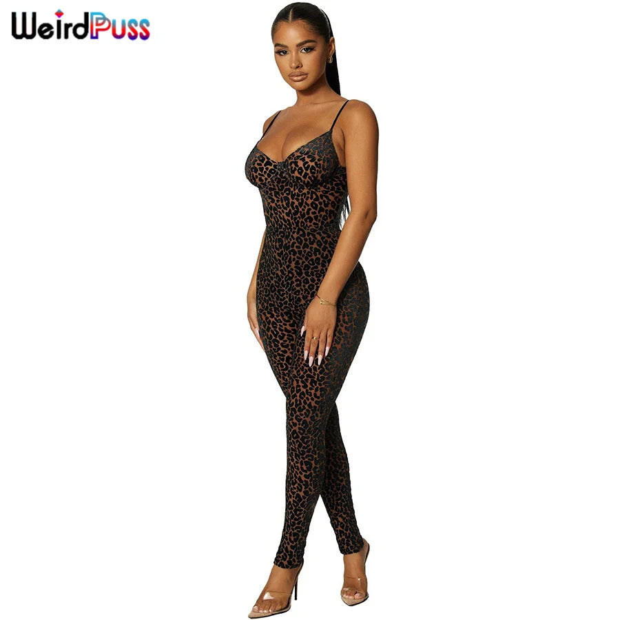 Weird Puss Leopard Print Sexy Skinny Women Jumpsuit Sleeveless Backless Fit Workout Activewear Party Nightclub Stretch Outfits