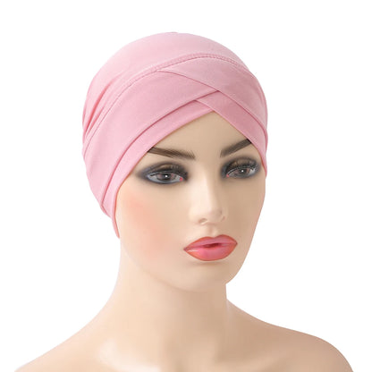 H117 Forehead criss Cross Muslim Turban Pure Color Stretch Inner Hijabs For Caps Ready To Wear Women Head Scarf Under Bonnet