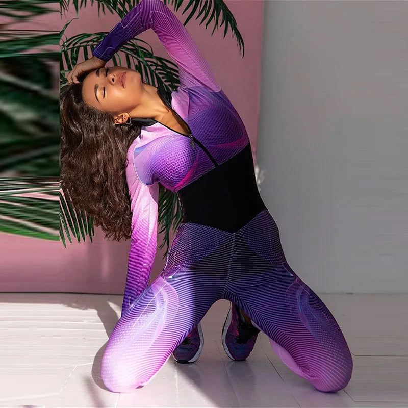 Oshoplive Women Fashion Colorful Printed Sports Jumpsuits 2026 New Spring Autumn Long Sleeves Tight Fitness Yoga Jump Suits