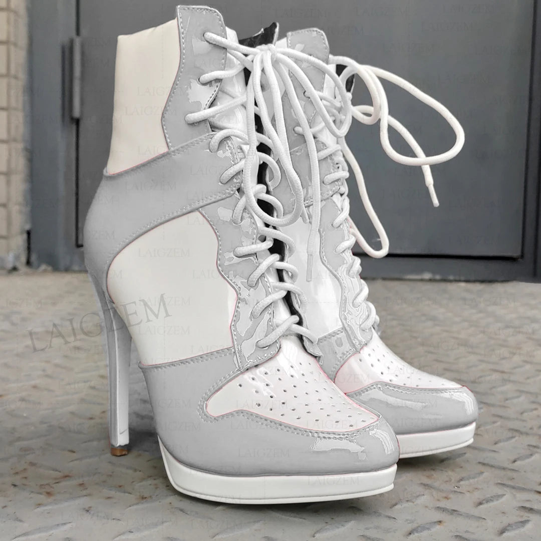 LAIGZEM Women Ankle Boots Round Toe Shiny Thin High Heels Comfortable Lace Up Short Boots Ladies Girls Big Size 41 45 46 47