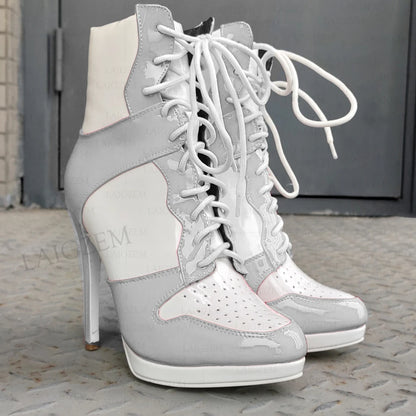 LAIGZEM Women Ankle Boots Round Toe Shiny Thin High Heels Comfortable Lace Up Short Boots Ladies Girls Big Size 41 45 46 47