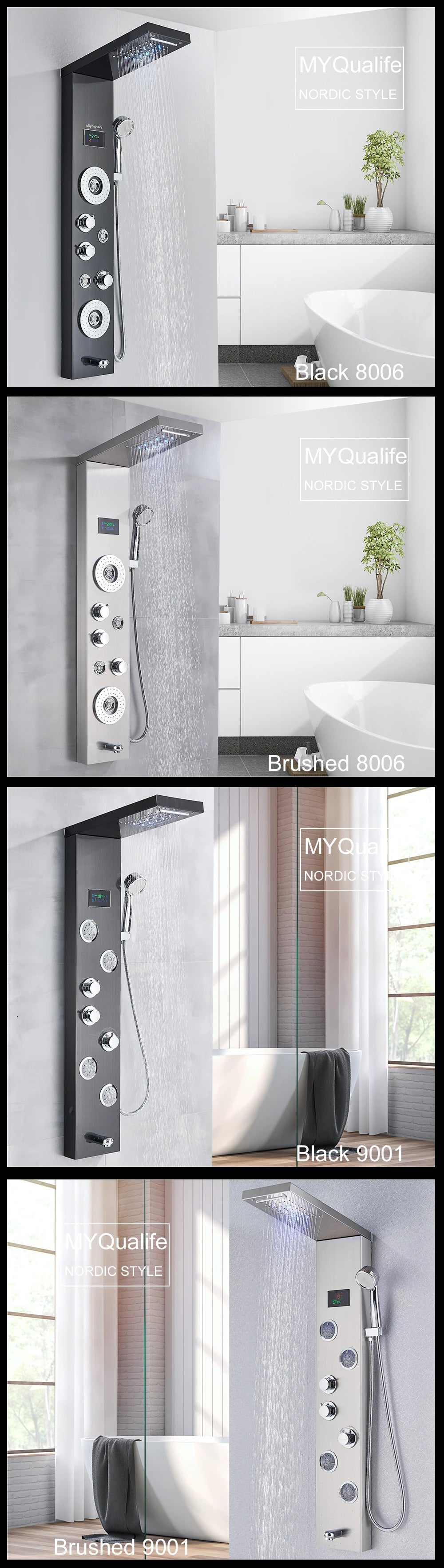LED Light Shower Panel Waterfall Rain Digital Display Shower Faucet Set SPA Massage Jet Bathroom Column Mixer Tap Tower System