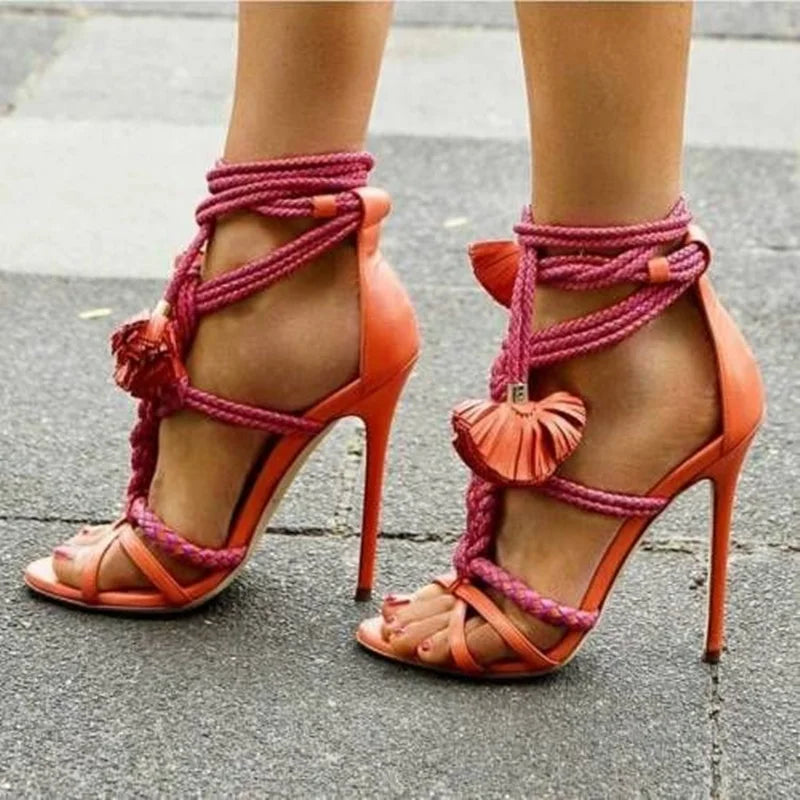 Sexy Rope Knot High Heel Sandals Braided Straps Cut Outs Summer Shoes Lace-up Stiletto Heels Gladiator Sandals Pink Brown Green