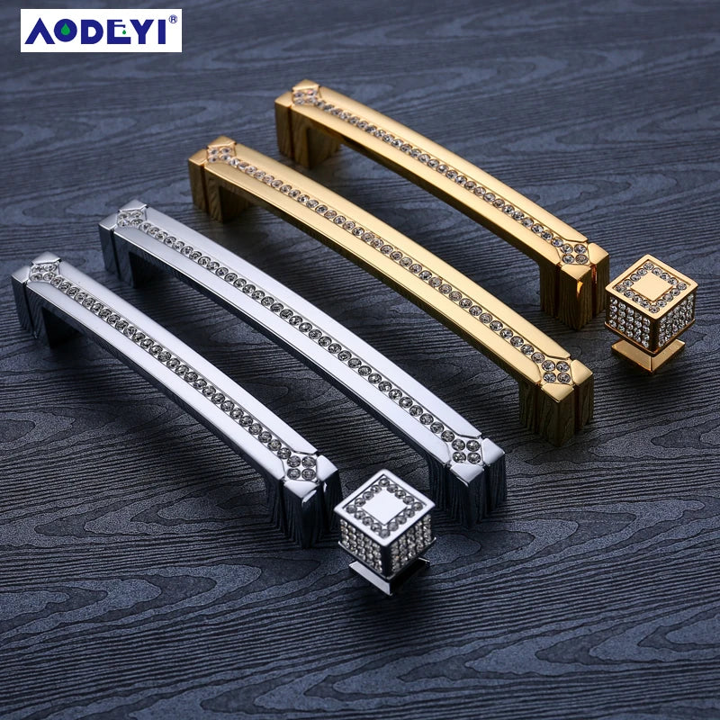 Crystal Drawer Pull Handles Diamond Sliver Wine Wardrobe Decotation Furniture Dresser Kitchen Cupboard Cabinet Knobs Gold Chrome