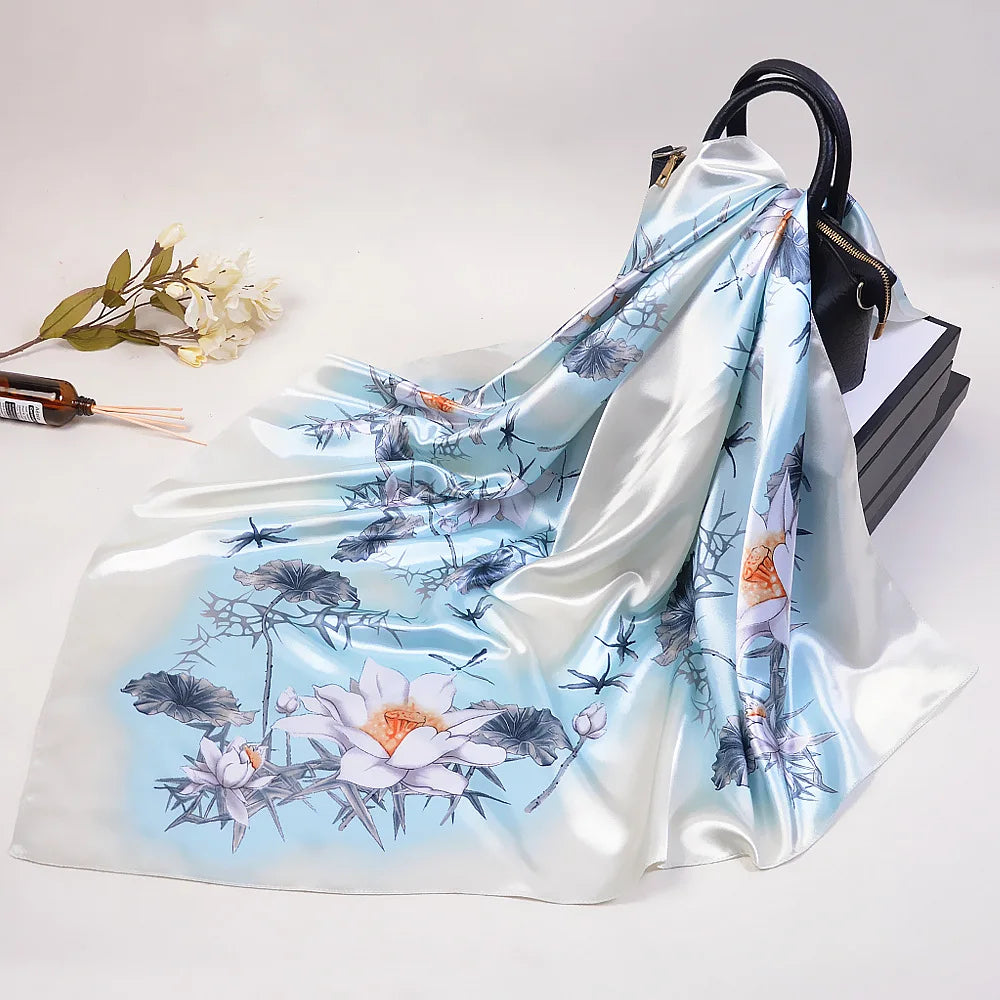 Wholesale Fashion Floral Print Kerchief Silk Satin Shawls and Wraps Hijab Scarfs Female 90cm*90cm Square Bag Scarves For Ladies