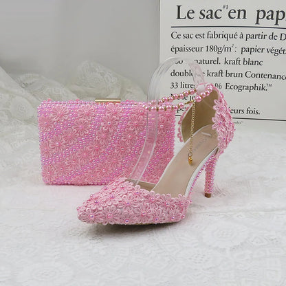 AB Pink Pearl Flower Wedding Shoes With Matching Bags High Heels Pointed Toe Ankle Strap Ladies Party Shoe and Bag Set