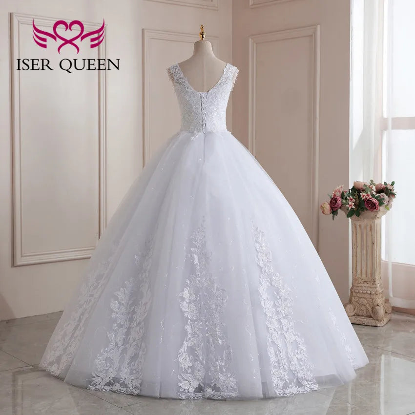 Customized V neck Crystal Beading Lace Wedding Dresses For Women Plus Size Ball Gown Robe De Mariage Bride Dresses WX0211