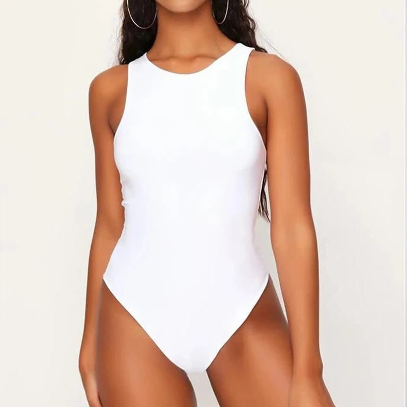 White Elegance Jumpsuit Elastic Hight Casual Fitness Rompers Sleeveless Zipper Bodysuit Summer Bodycon Overalls For Women 2021