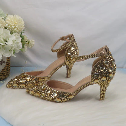 Customized Champagne Golden crystal women Wedding shoes Rhinestone high heels ankle strap shoes women party dress shoes