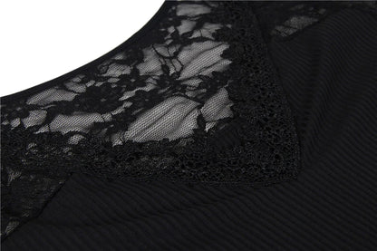Bodysuits Women Top Fashion V Neck Lace Skinny Lingerie Leotard Black Mesh Salopette Teddy Femme Horn Sleeves Rompers Jumpsuits