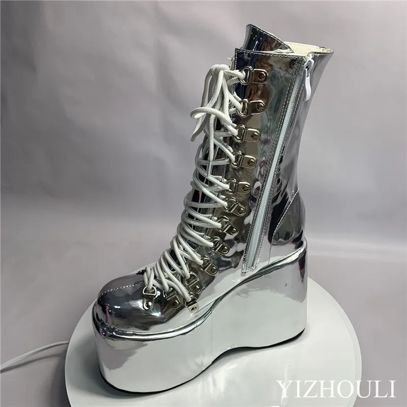 12.5cm fashion wedge heel, stage performance style, street style, sexy custom boots, model stage show ankle boots