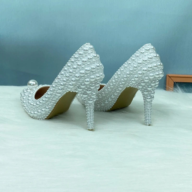 BaoYaFang White Beads Pearl Women Wedding Shoes Bride High Heels Shoes Ladies Super Big Size Party Dress Shoes Woman Pointed Toe