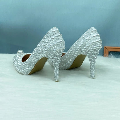 BaoYaFang White Beads Pearl Women Wedding Shoes Bride High Heels Shoes Ladies Super Big Size Party Dress Shoes Woman Pointed Toe