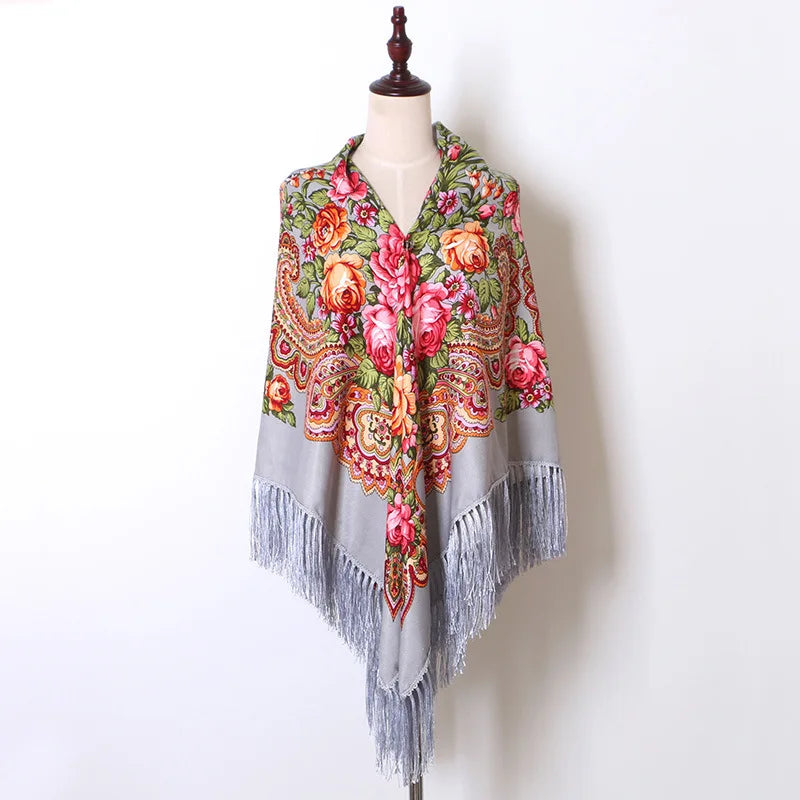 160cm Women Russian National babushka Scarf Lady Tassel Floral Print Cotton Headscarf Wraps Beach Travel Shade Shawls Bandana
