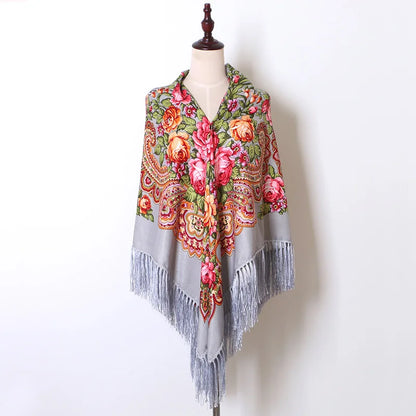 160cm Women Russian National babushka Scarf Lady Tassel Floral Print Cotton Headscarf Wraps Beach Travel Shade Shawls Bandana