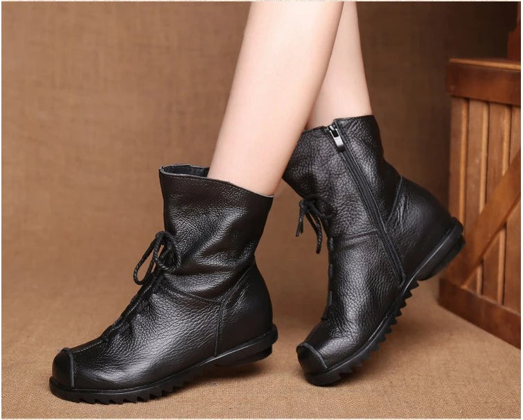 JIANBUDAN/ Genuine Leather Plush Women's Short Boots Retro Casual Autumn Winter Women's Boots Waterproof Leather Warm Snow Boots