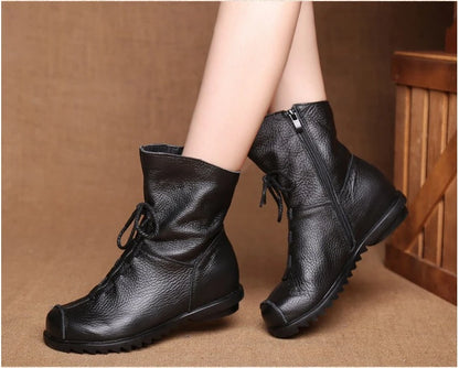 JIANBUDAN/ Genuine Leather Plush Women's Short Boots Retro Casual Autumn Winter Women's Boots Waterproof Leather Warm Snow Boots