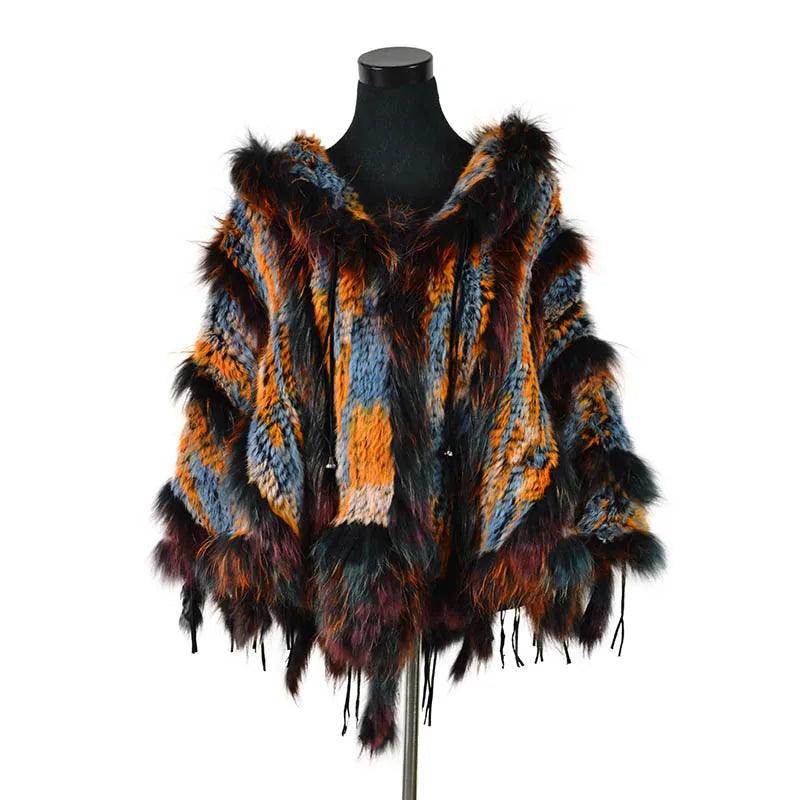 CK708 Real Knitted Rabbit Shawl Poncho Stole With Tassels Shrug Cape Robe Tippet Wrap With Raccoon Fur Collar Women