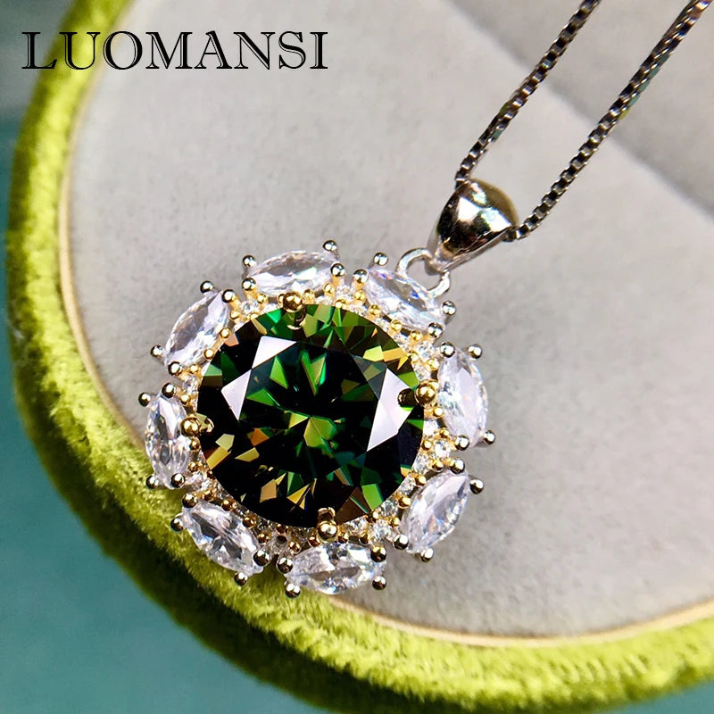 Luomansi VVS1 5CT 11MM Green Moissanite Necklace Passed Diamond Test S925 Jewelry Woman Wedding Party